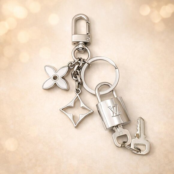 Authentic Louis Vuitton Silver Padlock & Key with Unbranded Metal Bag Keychain - Picture 2 of 9